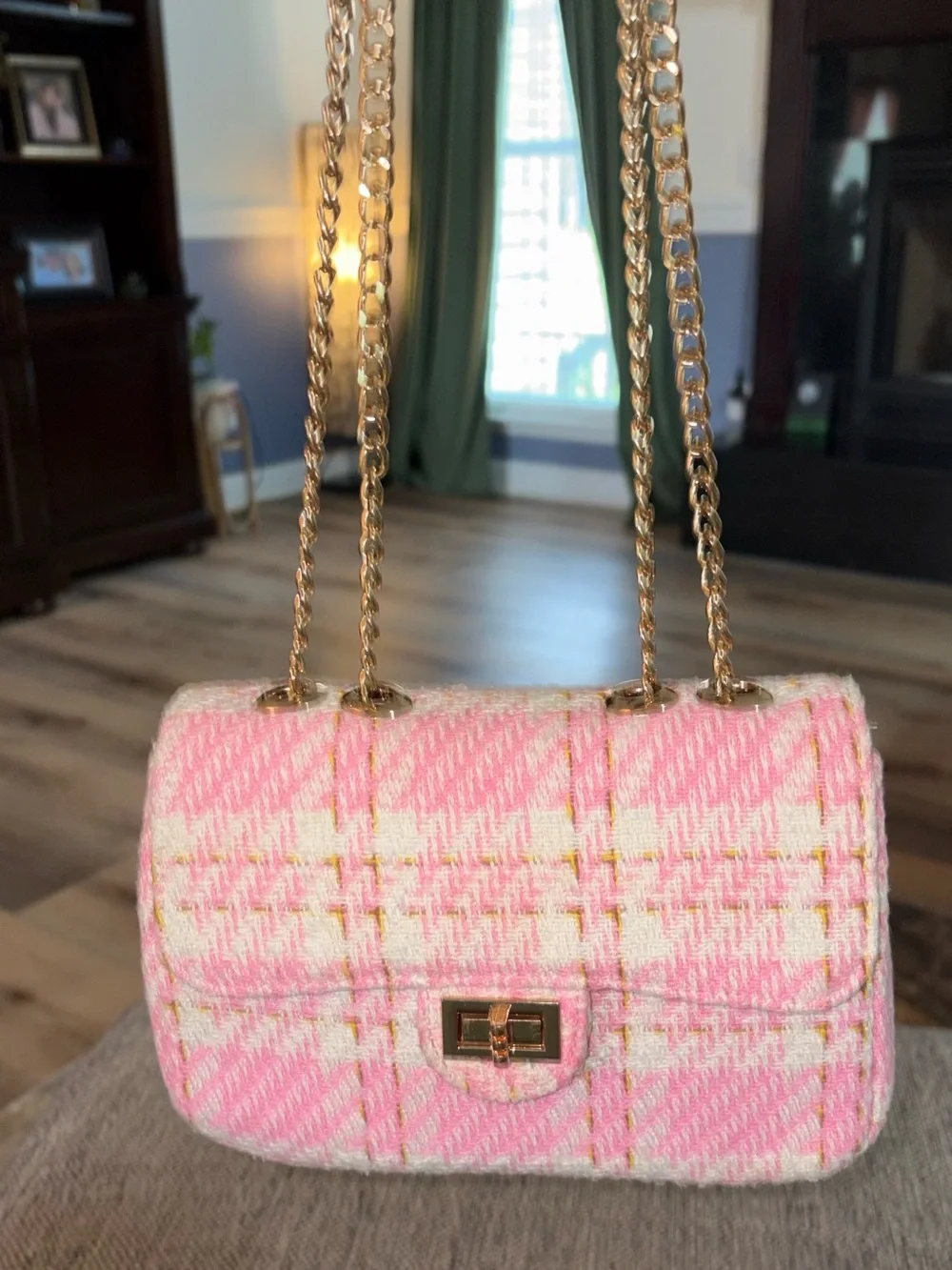 Pink and white tweed mini two Way Crossbody handbag